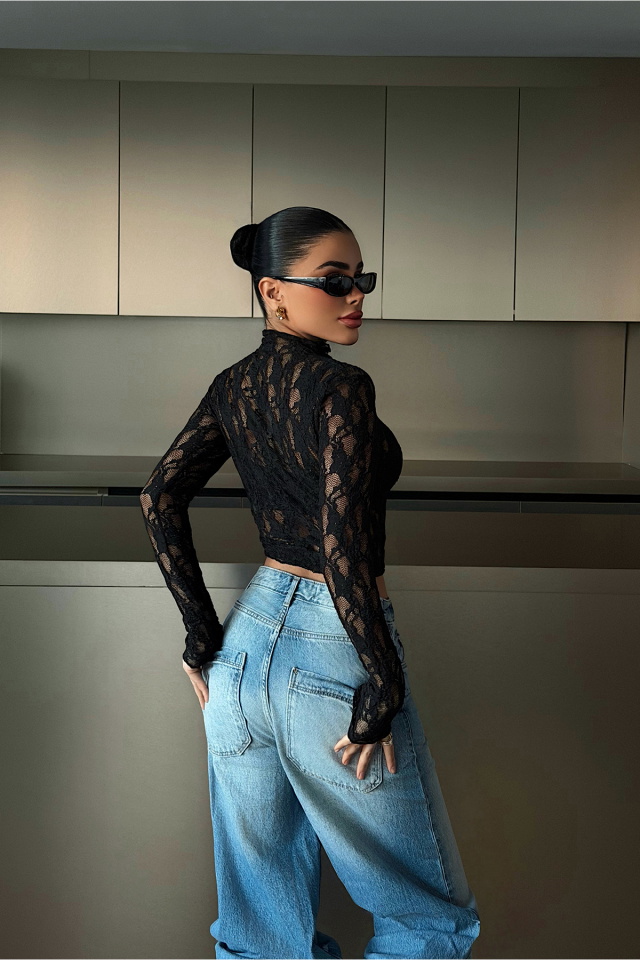 Siyah Raquel Dantel Transparan Bluz