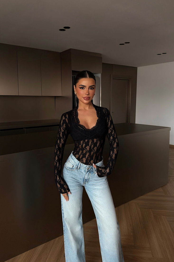 Siyah Browin Dantel Bluz ATE-4872 - EYYO