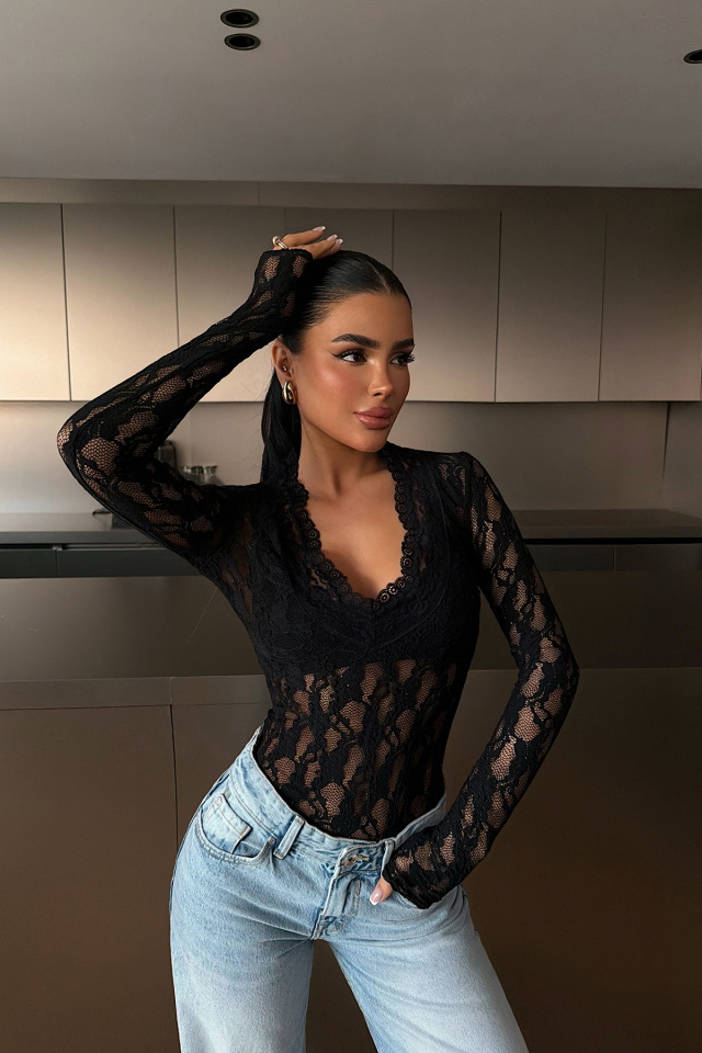 Siyah Browin Dantel Bluz ATE-4872 - 2