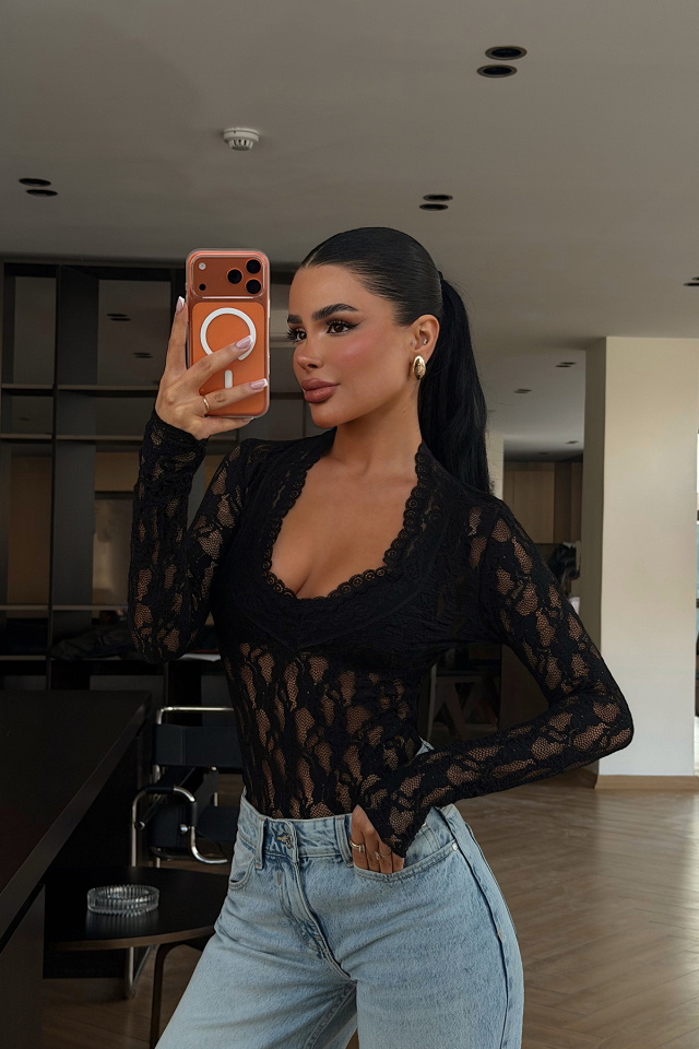 Siyah Browin Dantel Bluz ATE-4872 - 