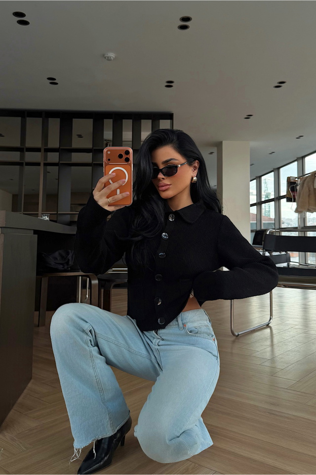 Siyah Leche Düğmeli Triko Hırka ATE-4497 