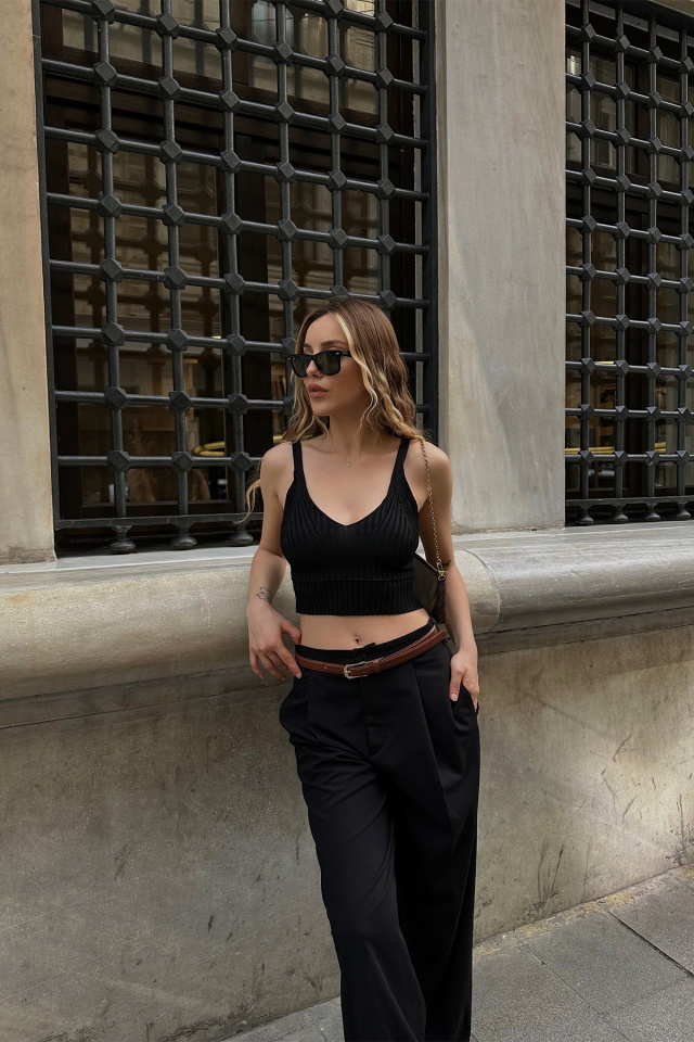 Siyah Triko Crop Top ATE6882 - 2