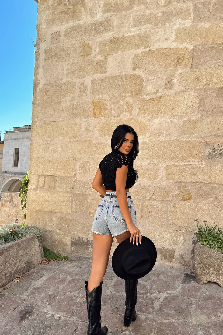 Siyah Triko Crop Top ATE8128 - DEPPOT