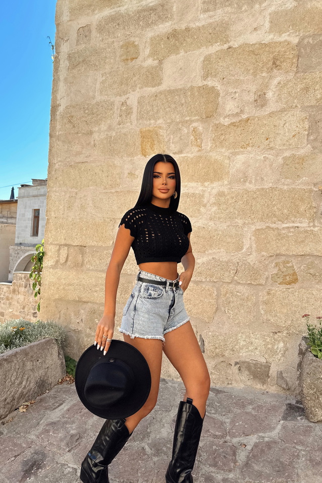 Siyah Triko Crop Top ATE8128