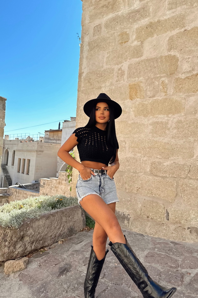Siyah Triko Crop Top ATE8128