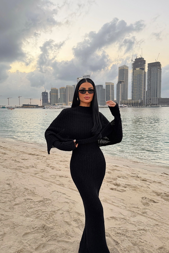 Siyah Majorella Uzun Triko Elbise ATE-4653 - 2