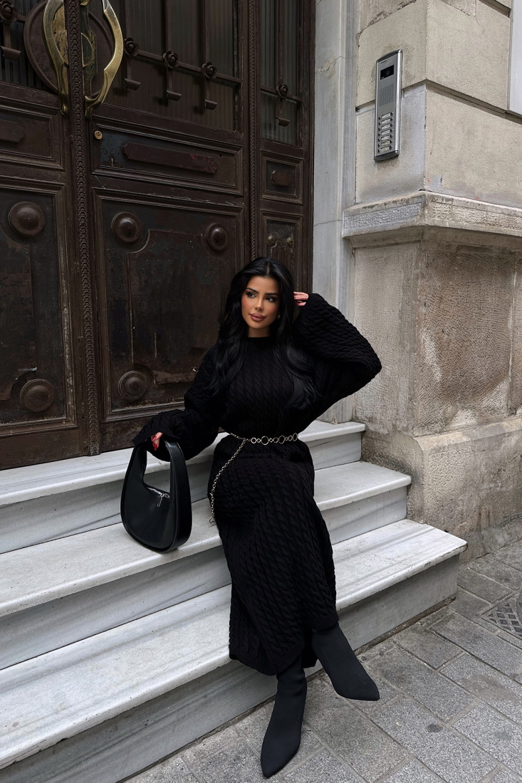 Siyah Triko Uzun Elbise ATE-0823 - EYYO