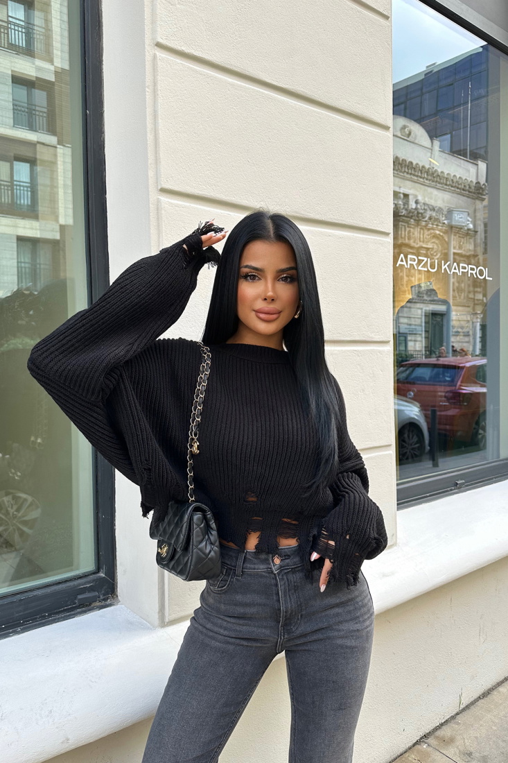 Siyah Triko Uzun Kol Kazak ATE8377 - KENZA