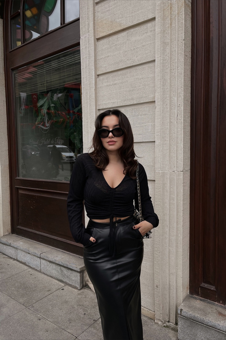 Siyah Tül Bağlamalı Crop Top ATE2864 - EYYO