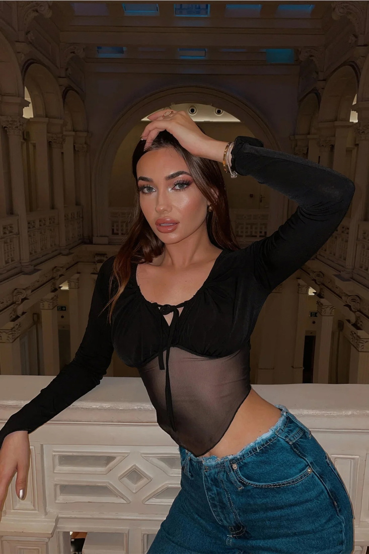 Siyah Tül Detay Bağlamalı Crop Top ATE3685 - ZECHKA