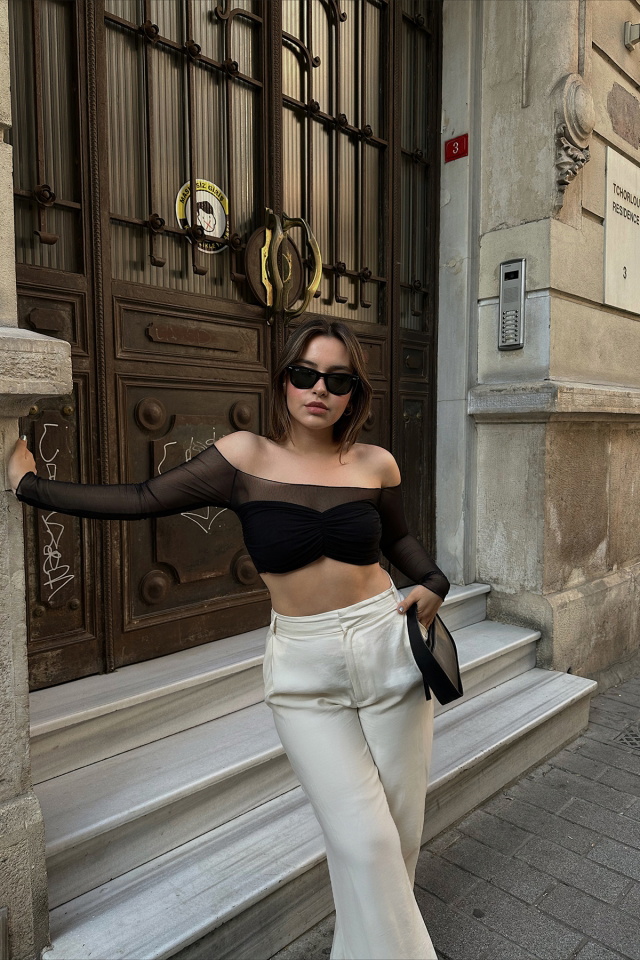 Siyah Tül Detay Crop Top ATE6650 - 7