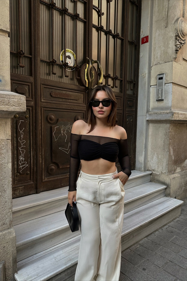 Siyah Tül Detay Crop Top ATE6650 - 6
