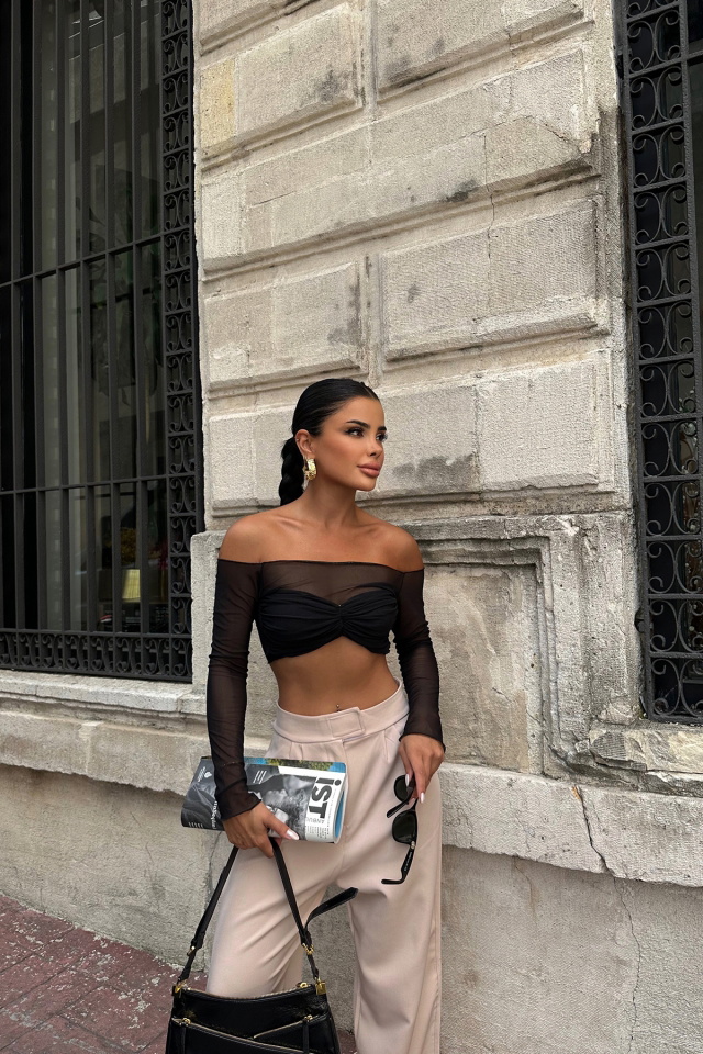 Siyah Tül Detay Crop Top ATE6650 - 1