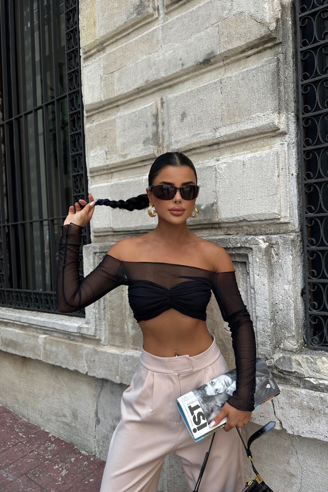 Siyah Tül Detay Crop Top ATE6650 - 3