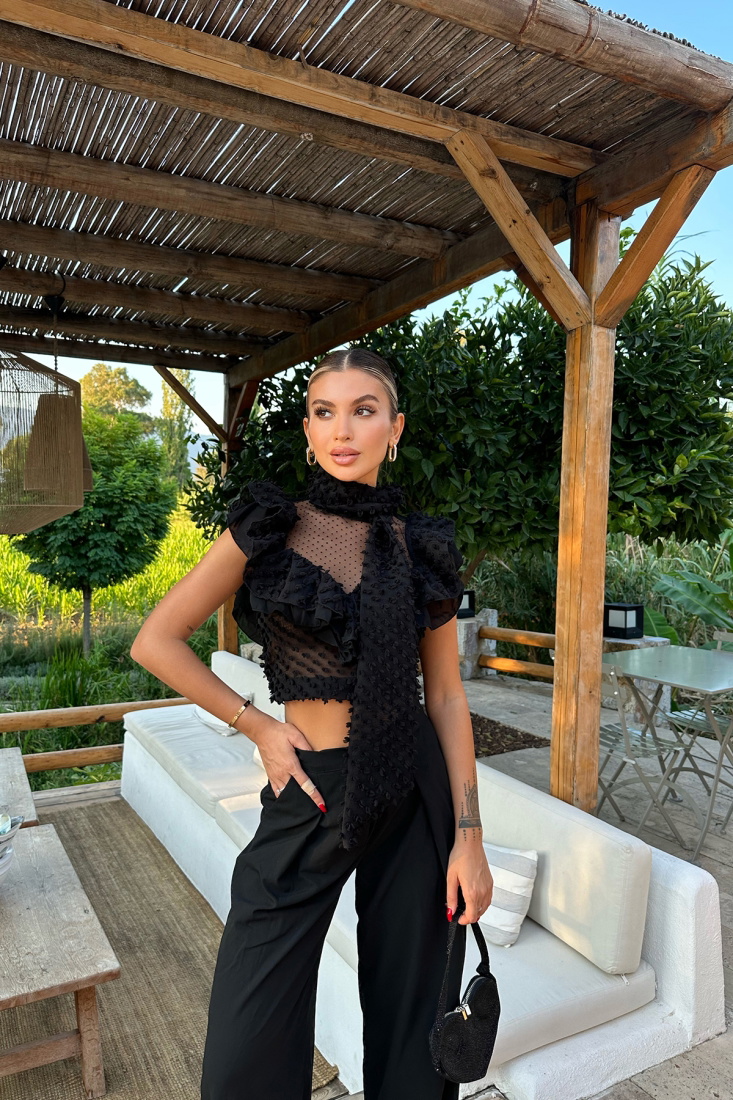 Siyah Tül Fular Detay Crop Top ATE8088 - EMRE İHRACAT