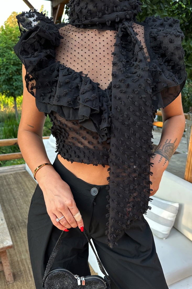 Siyah Tül Fular Detay Crop Top ATE8088 - EMRE İHRACAT