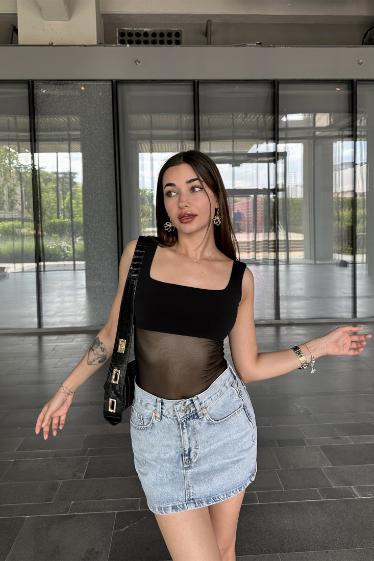 Siyah Kare Yaka Tül Bodysuit ATE7423 - ZECHKA