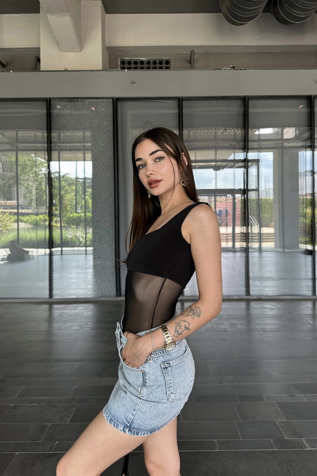 Siyah Kare Yaka Tül Bodysuit ATE7423 - 4