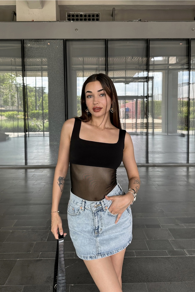Siyah Kare Yaka Tül Bodysuit ATE7423 - 3