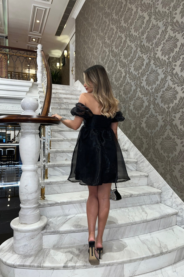 Siyah Tül Mini Elbise ATE4041 - 7