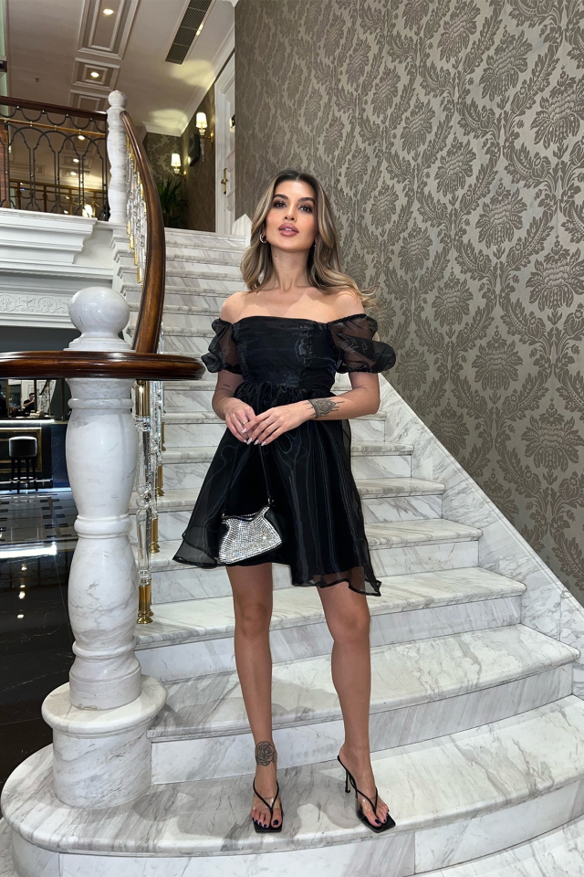 Siyah Tül Mini Elbise ATE4041 - 5