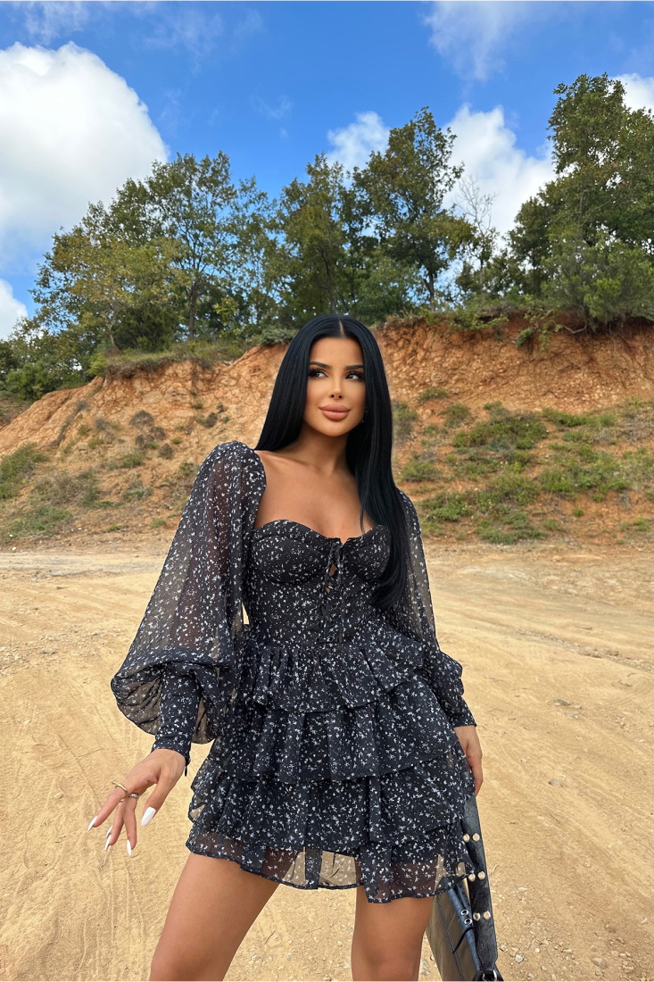 Siyah Tül Önden Bağlamalı Elbise ATE8751 - MEHTAP ÜRETİM