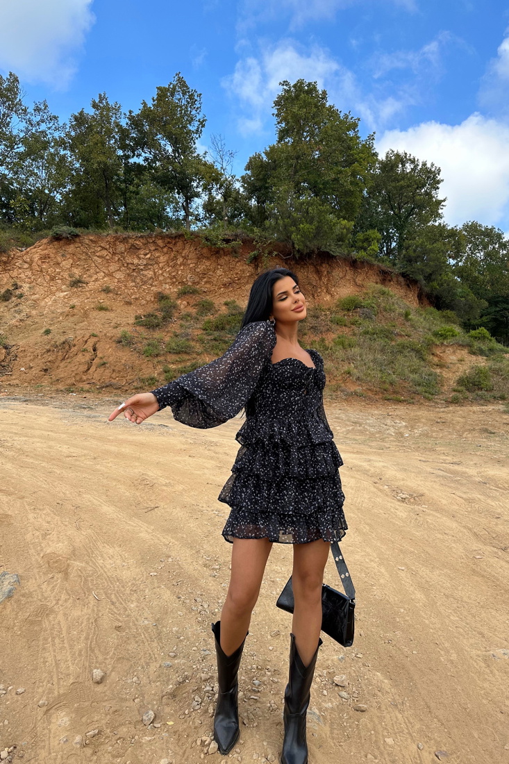 Siyah Tül Önden Bağlamalı Elbise ATE8751 - MEHTAP ÜRETİM