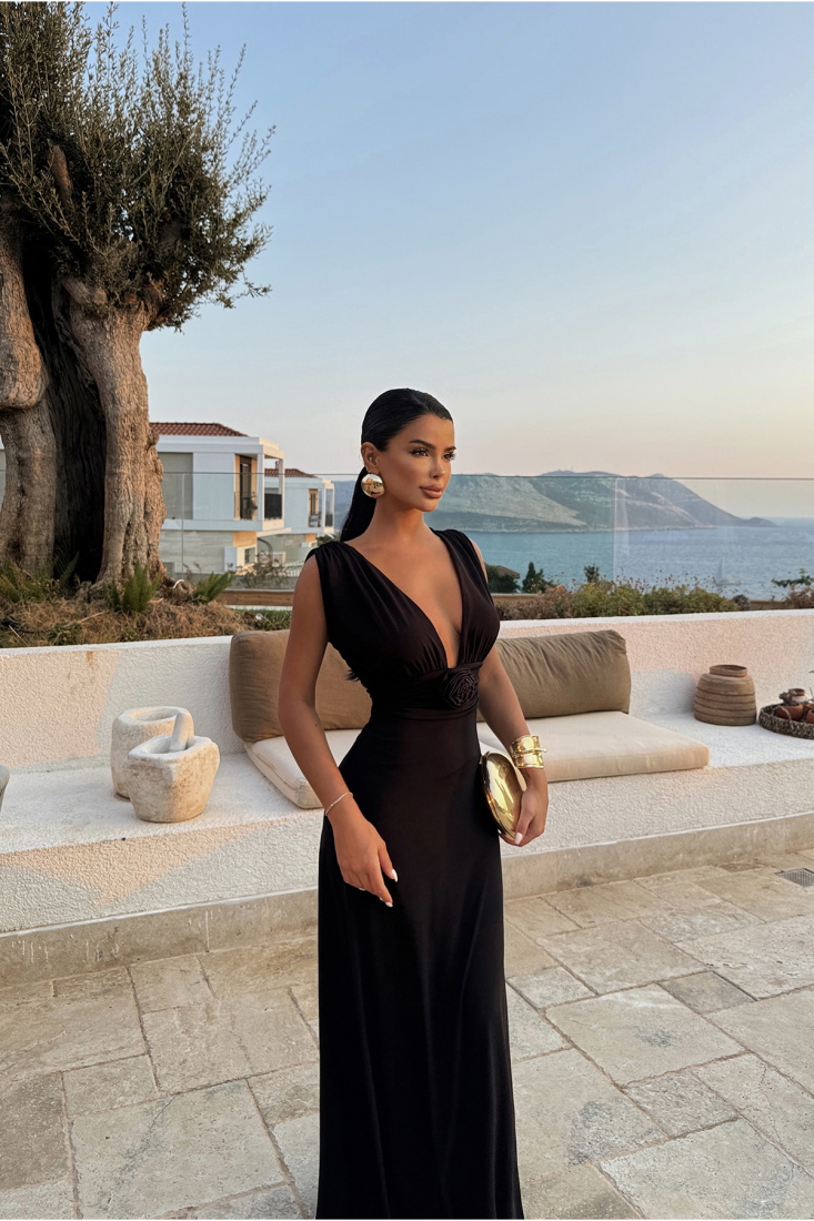 Siyah Isole Gül Detaylı Elbise ATE-1431 - EYYO