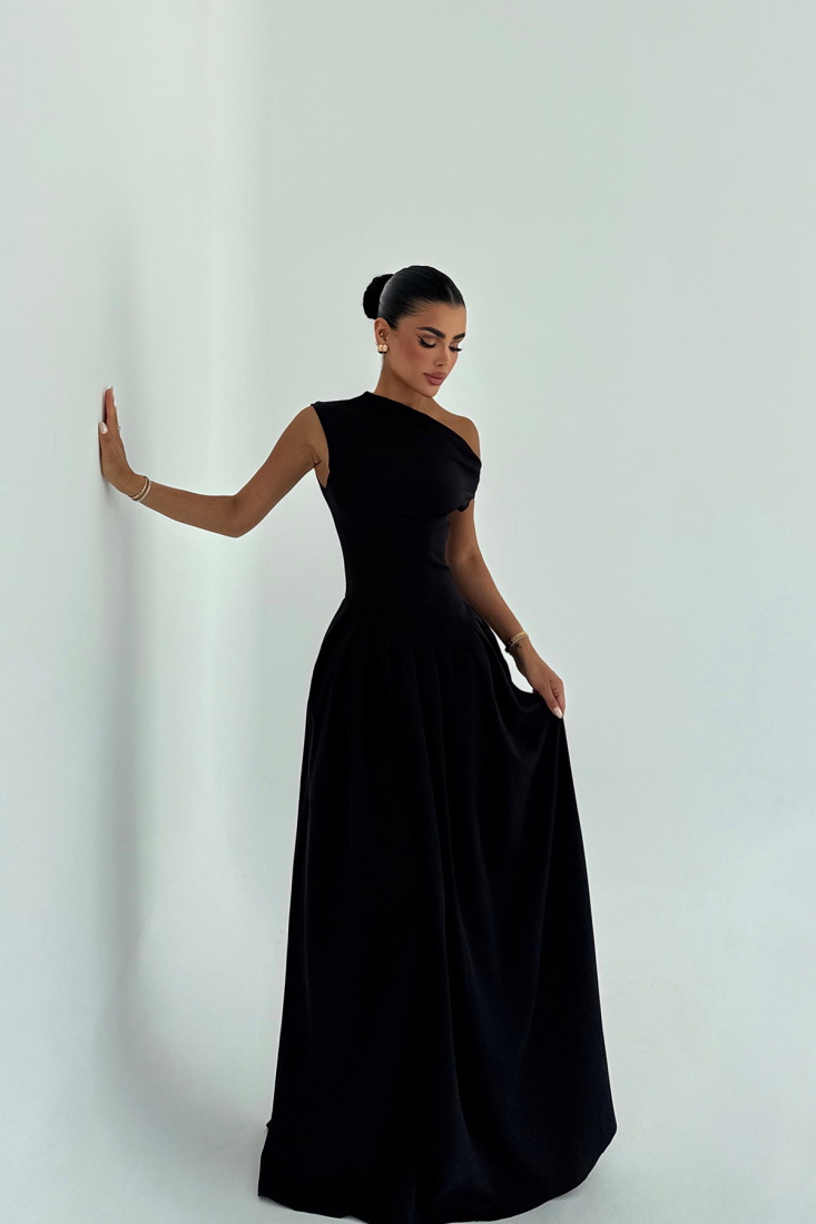 Siyah Bimala Kayık Yaka Elbise ATE-2928 - EYYO