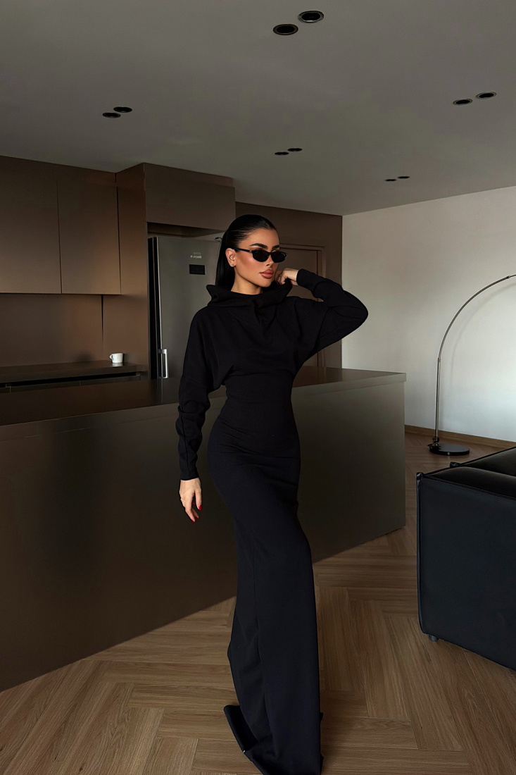 Siyah Magma Uzun Kapüşonlu Elbise ATE-4366 - EYYO