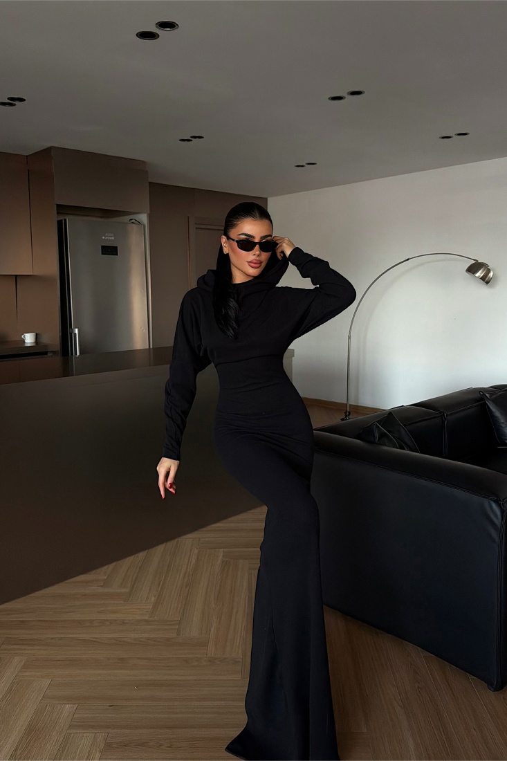 Siyah Magma Uzun Kapüşonlu Elbise ATE-4366 - EYYO