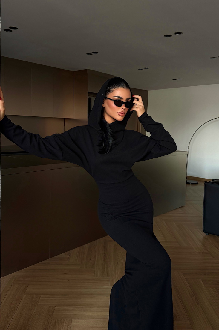 Siyah Magma Uzun Kapüşonlu Elbise ATE-4366 - EYYO