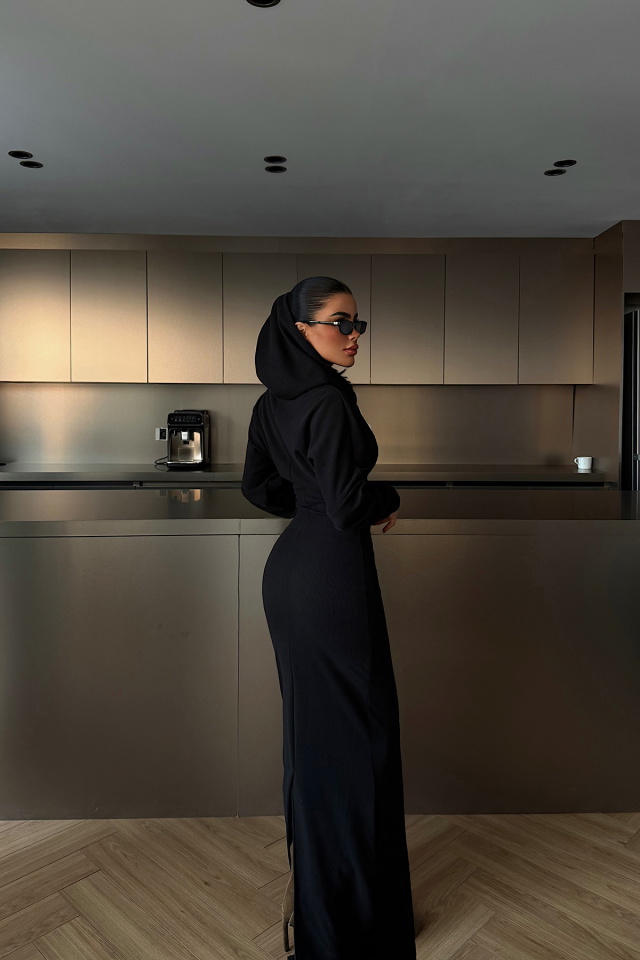 Siyah Magma Uzun Kapüşonlu Elbise ATE-4366 - 4