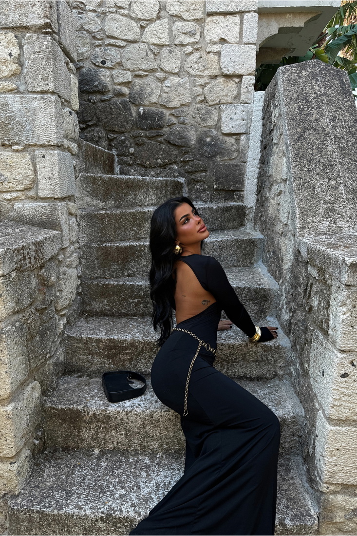 Siyah Doss Uzun Sırtı Açık Elbise ATE-1617 - EYYO