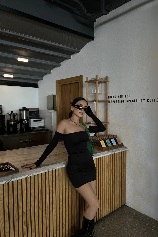 Siyah Uzun Kol Basic Elbise ATE8513 - EYYO