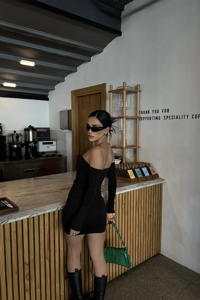 Siyah Uzun Kol Basic Elbise ATE8513 - EYYO