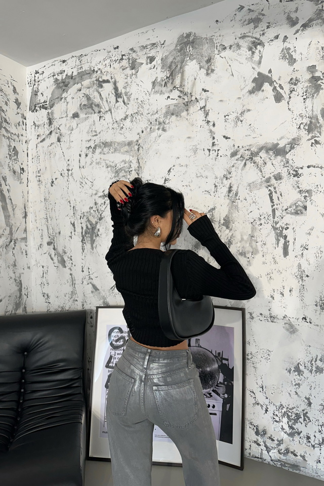 Siyah Uzun Kol Crop Top ATE-0827 - 4