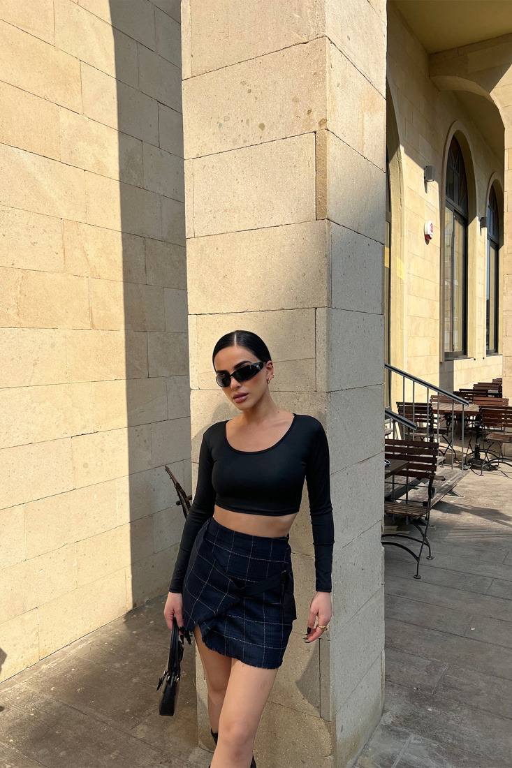 Siyah Uzun Kol Crop Top ATE4594 - gecce