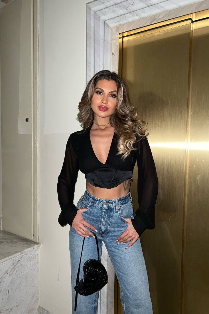 Siyah Uzun Kol Crop Top ATE5115 - VİNALES