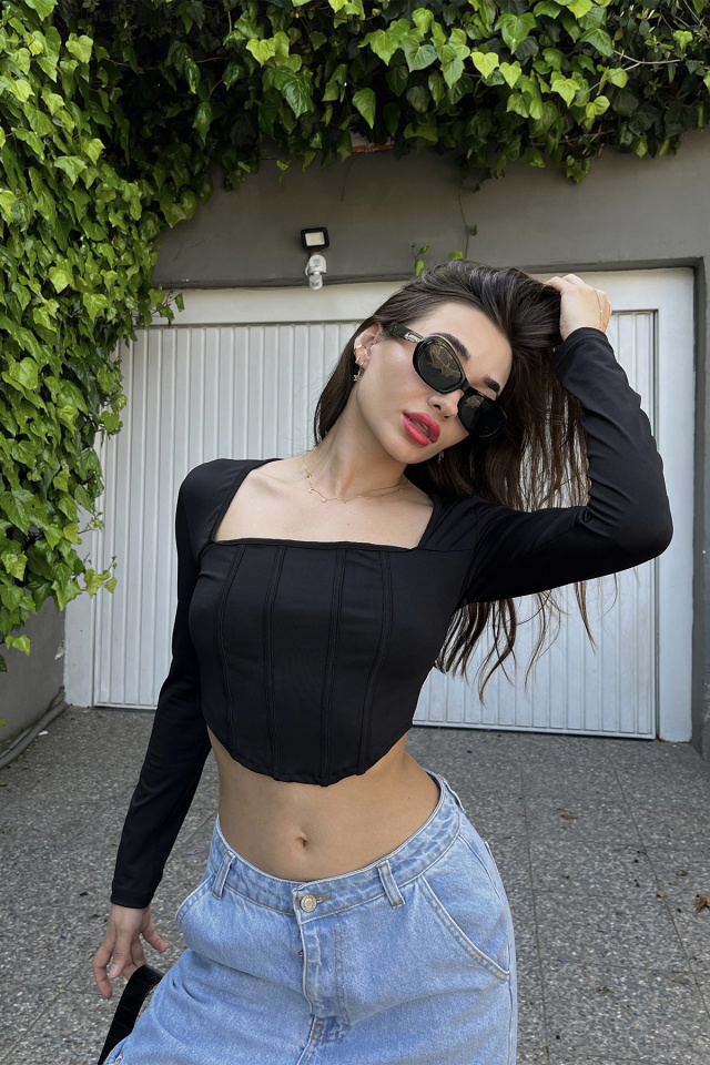 Siyah Uzun Kol Crop Top ATE6880 - 1
