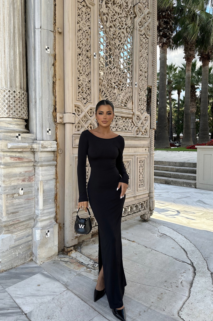 Siyah Sırt Detay Yırtmaçlı Uzun Elbise ATE8509 - EYYO