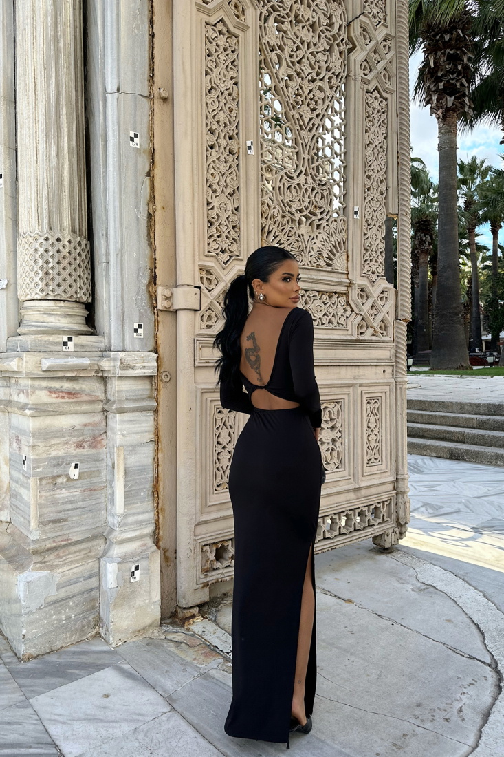 Siyah Sırt Detay Yırtmaçlı Uzun Elbise ATE8509 - EYYO