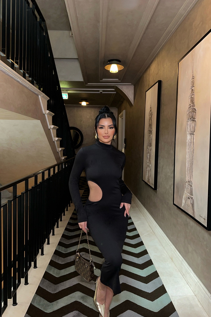 Siyah Uzun Kol Pencere Detay Elbise ATE8448 - EYYO