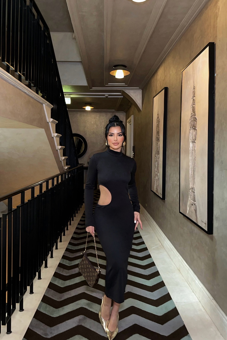 Siyah Uzun Kol Pencere Detay Elbise ATE8448 - EYYO