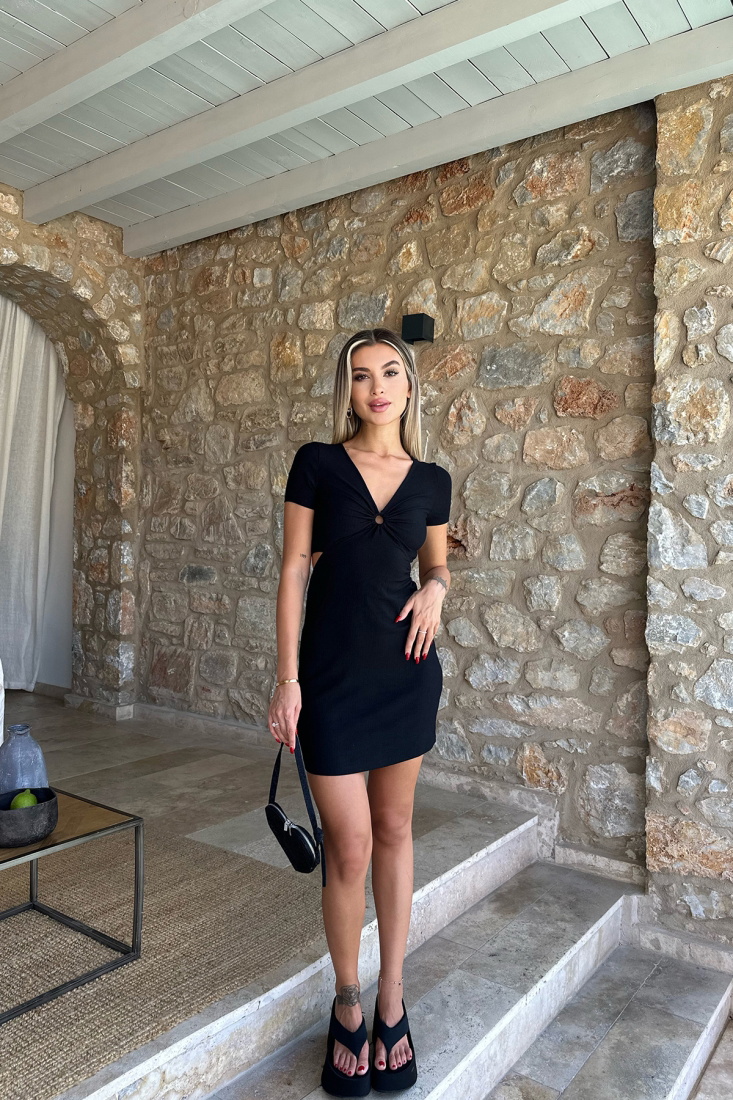 Siyah V Yaka Halka Detay Mini Elbise ATE8062 - EYYO