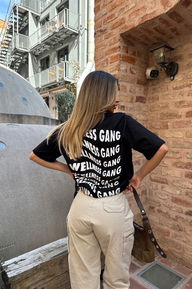 Siyah Wellness Gang Baskılı Tişört ATE6073 - 