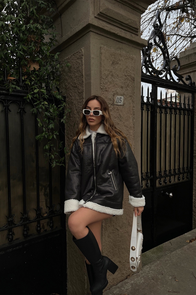 Siyah Yakası Kürklü Deri Ceket ATE2977 - 3