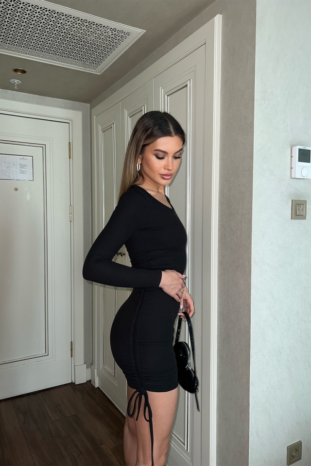 Siyah Yandan Bağlamalı Mini Elbise ATE4760 - 5