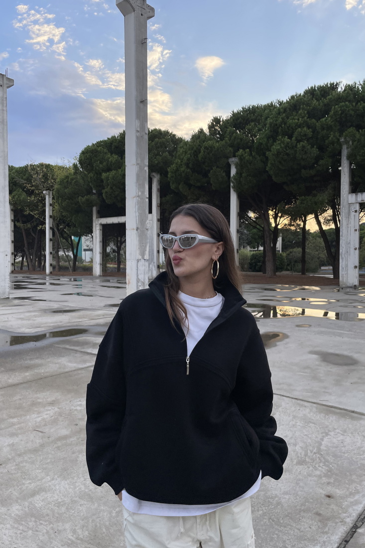 Siyah Yarım Fermuarlı Zip Sweatshirt ATE-0037 - EYYO