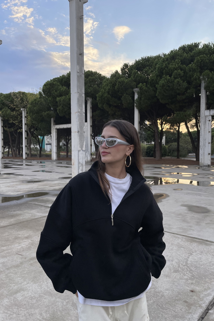 Siyah Yarım Fermuarlı Zip Sweatshirt ATE-0037 - EYYO